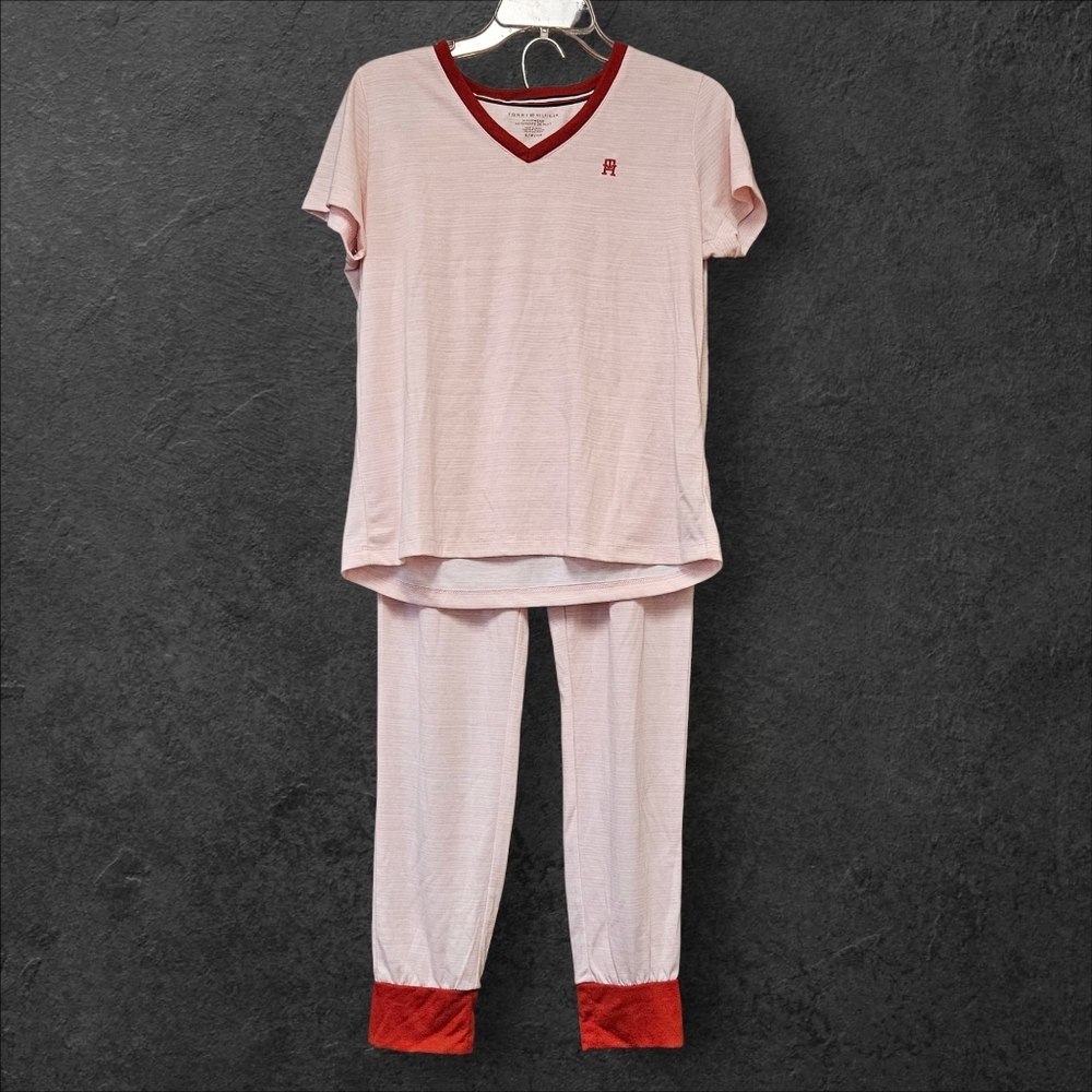 NWOT Tommy Hilfiger Women's Light Pink Pajama Set with Red Trim - Size Small